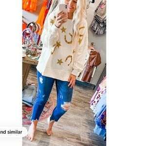 Peach love the good babes co sequin western horse shoe crew neck sweater small